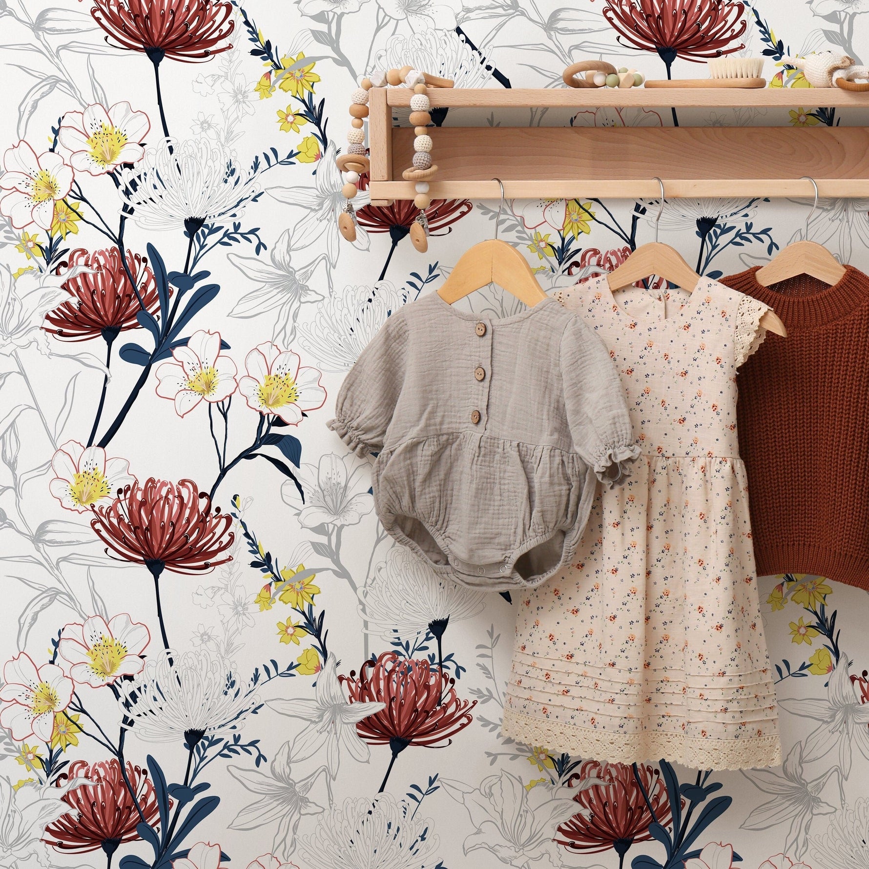 Outline Tropical Flowers Wallpaper - Removable Wallpaper Peel and Stick Wallpaper Wall Paper Wall Mural - B432
