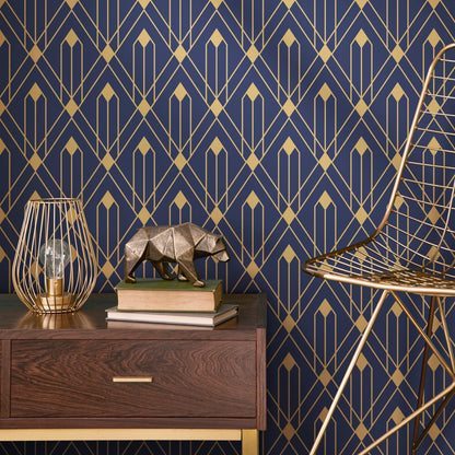 Removable Wallpaper Peel and Stick Wallpaper Wall Paper Wall Mural - Art Deco Blue and Non-Metalic Yellow Gold Color - B495