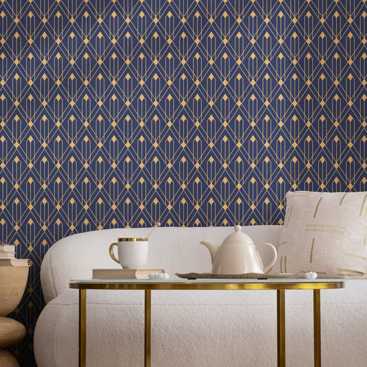 Removable Wallpaper Peel and Stick Wallpaper Wall Paper Wall Mural - Art Deco Blue and Non-Metalic Yellow Gold Color - B495