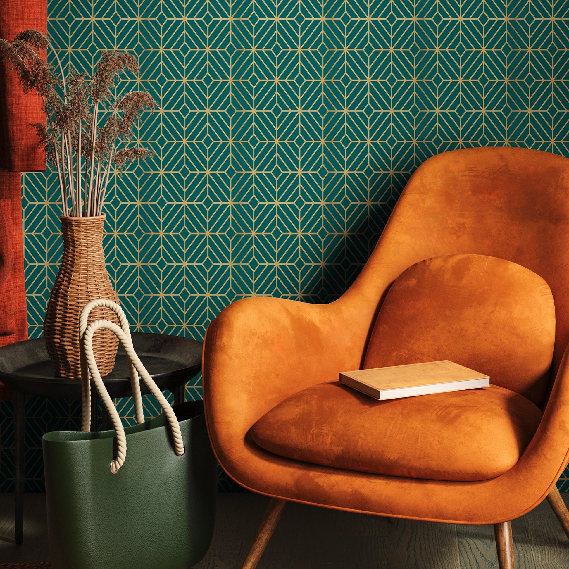 Removable Wallpaper Peel and Stick Wallpaper Wall Paper Wall Mural - Art Deco Green and Non-Metalic Yellow Color - B496