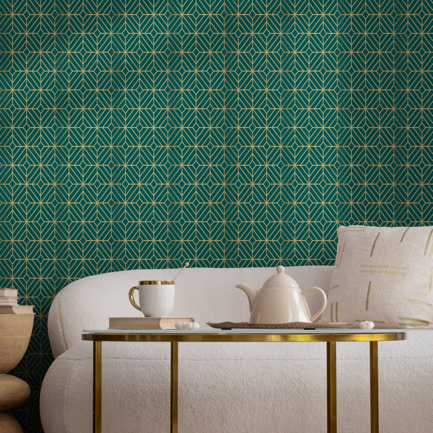 Removable Wallpaper Peel and Stick Wallpaper Wall Paper Wall Mural - Art Deco Green and Non-Metalic Yellow Color - B496