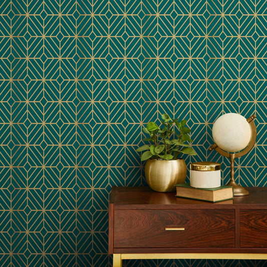 Removable Wallpaper Peel and Stick Wallpaper Wall Paper Wall Mural - Art Deco Green and Non-Metalic Yellow Color - B496