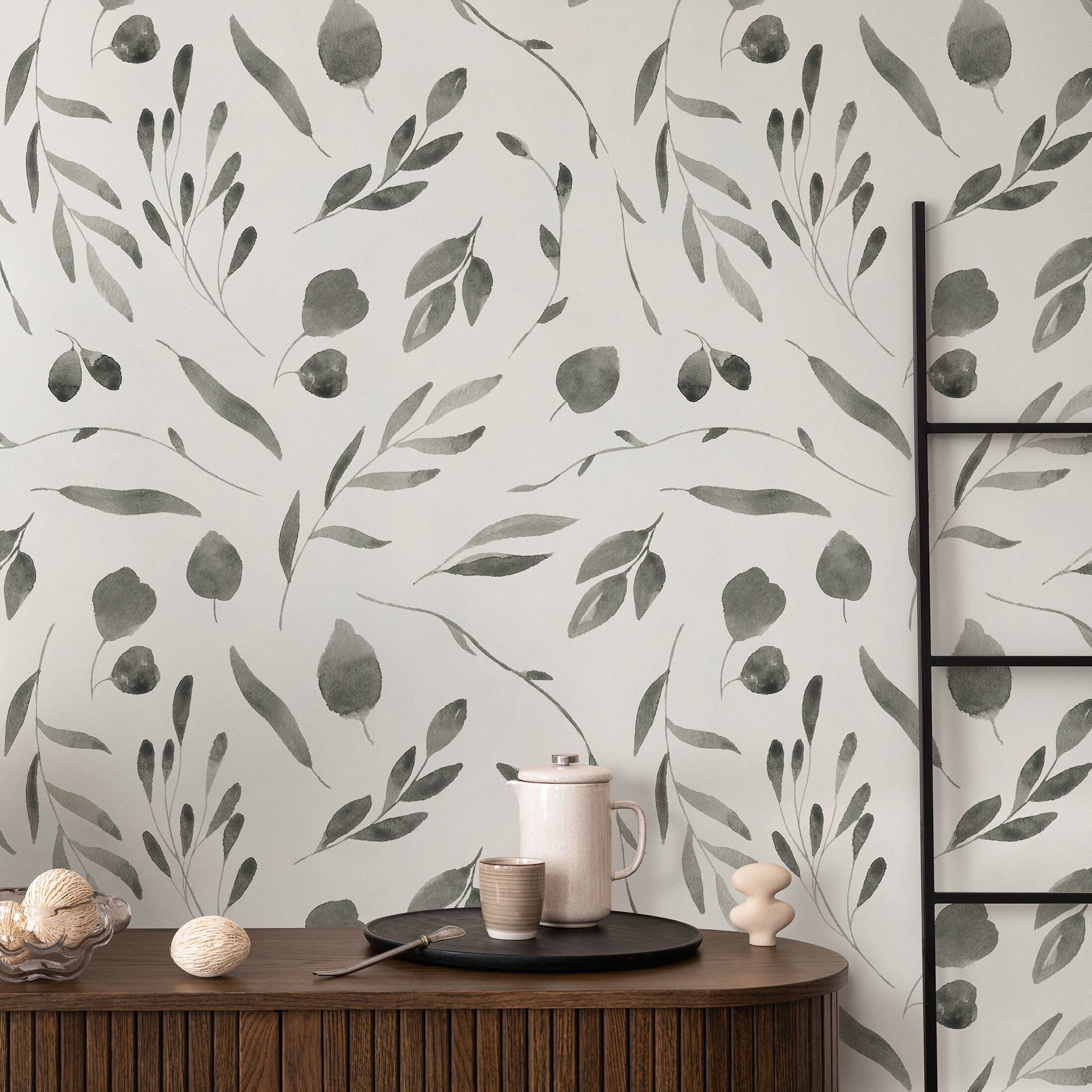 Removable Wallpaper Peel and Stick Wallpaper Wall Paper Wall Mural - Monochromatic Watercolor Leaves Wallpaper - B028