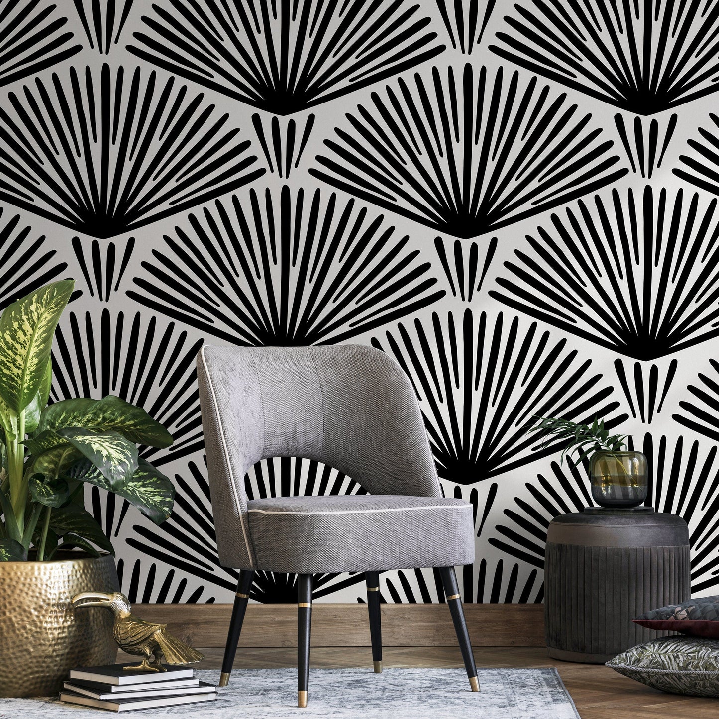 Wallpaper Peel and Stick Wallpaper Removable Wallpaper Home Decor Wall Art Wall Decor Room Decor / Black and White Art Deco Wallpaper - B240