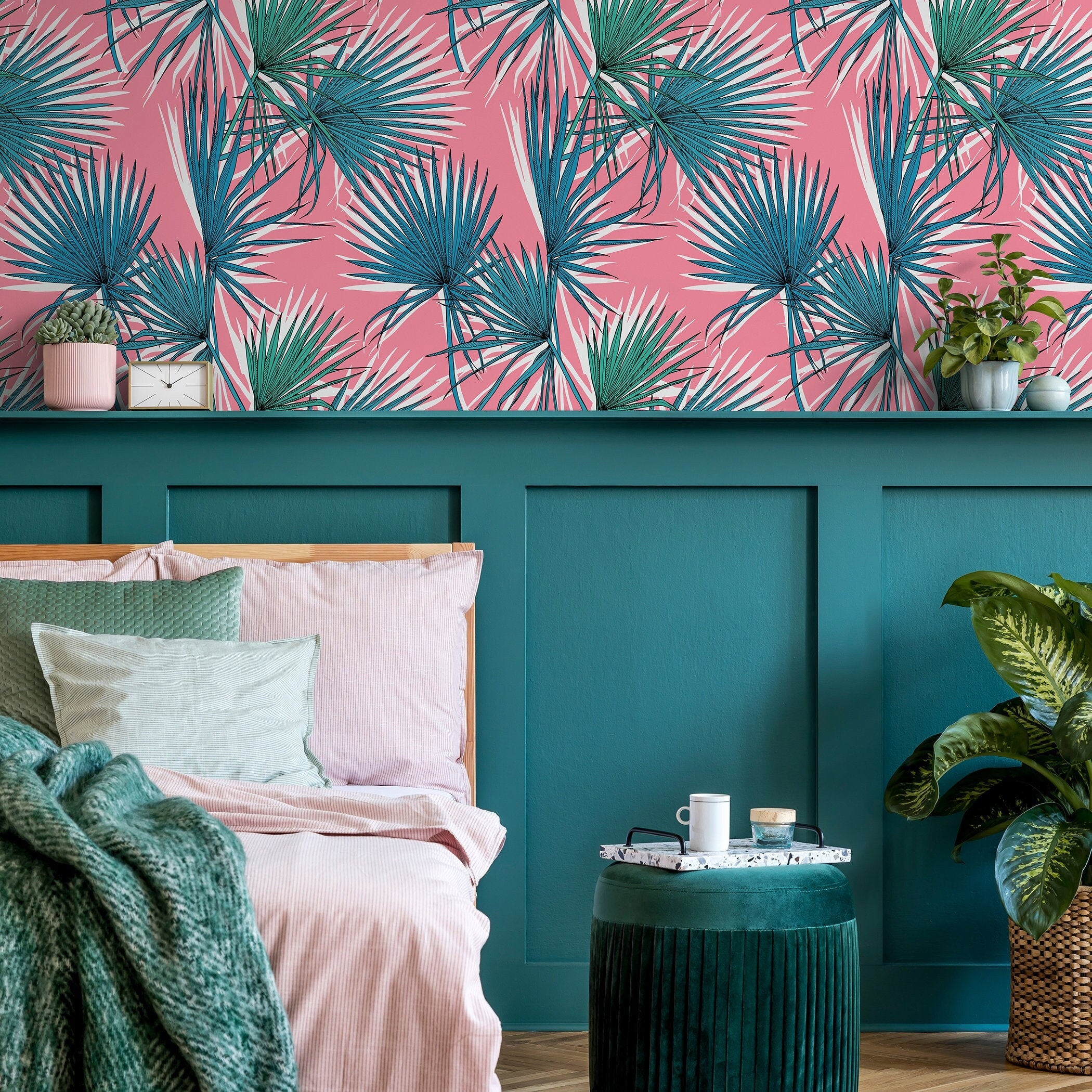 Tropical Leaves, Floral Wallpaper, Removable Peel and Stick good Flowers Photo Wallpaper, Watercolor Flowers Wall Mural Bedroom Living Room Decor