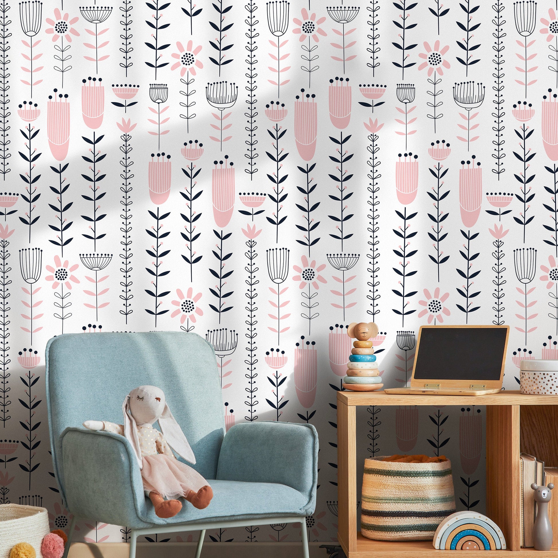 Removable Wallpaper Peel and Stick Wallpaper Wall Paper - Flat Flowers Wallpaper - B273