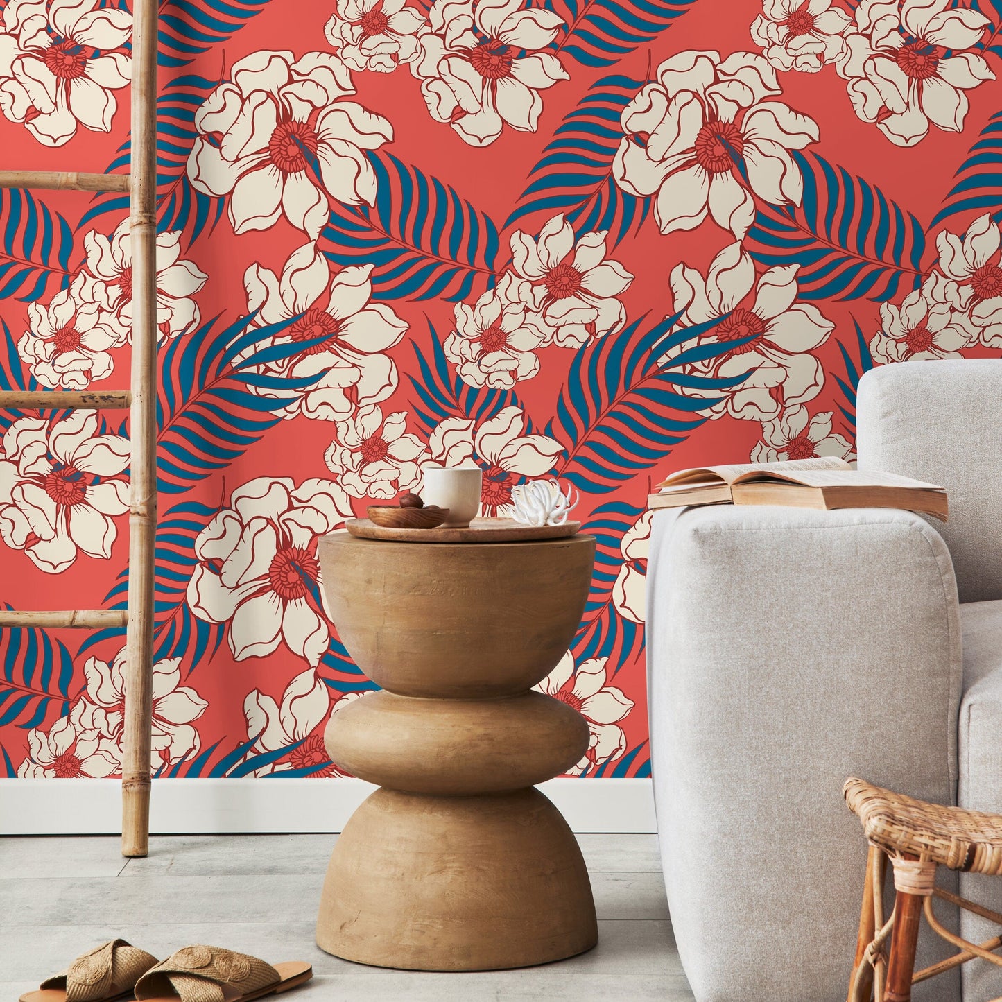 Hawaiian Leaves and Flowers Wallpaper - Removable Wallpaper Peel and Stick Wallpaper Wall Paper - B334