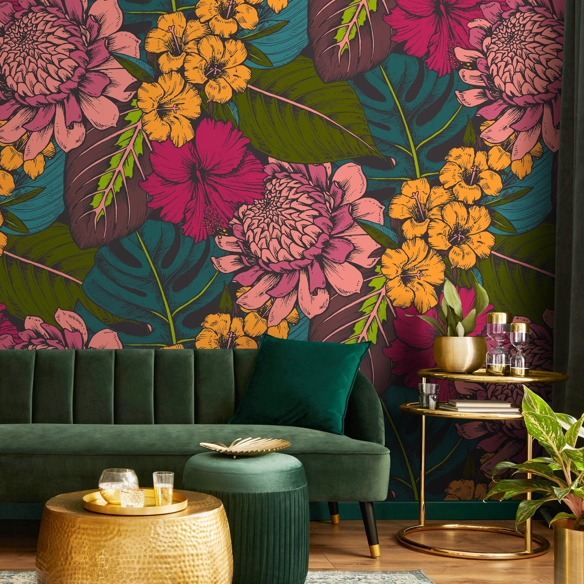 Flat Colorful Leaves Wallpaper - Removable Wallpaper Peel and Stick Wallpaper Wall Paper Wall Mural - B391