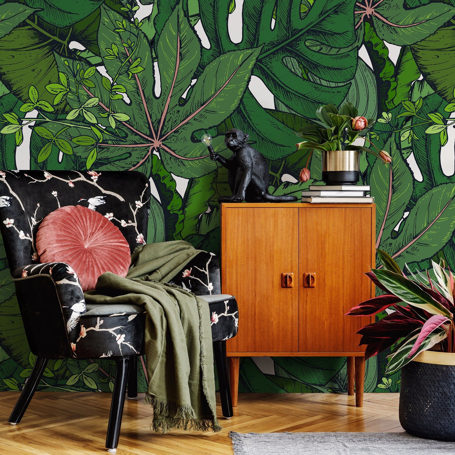 Wall Art Wallpaper Peel and Stick Wallpaper Removable Wallpaper Home Decor Wall Decor Room Decor / Green Leaves Wallpaper - B394