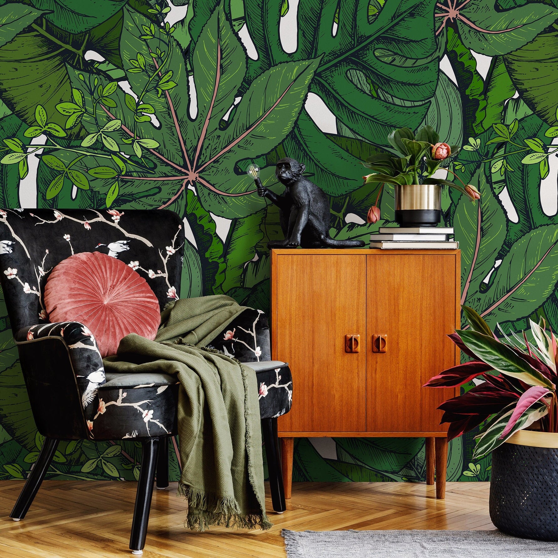 Wall Art Wallpaper Peel and Stick Wallpaper Removable Wallpaper Home Decor Wall Decor Room Decor / Green Leaves Wallpaper - B394