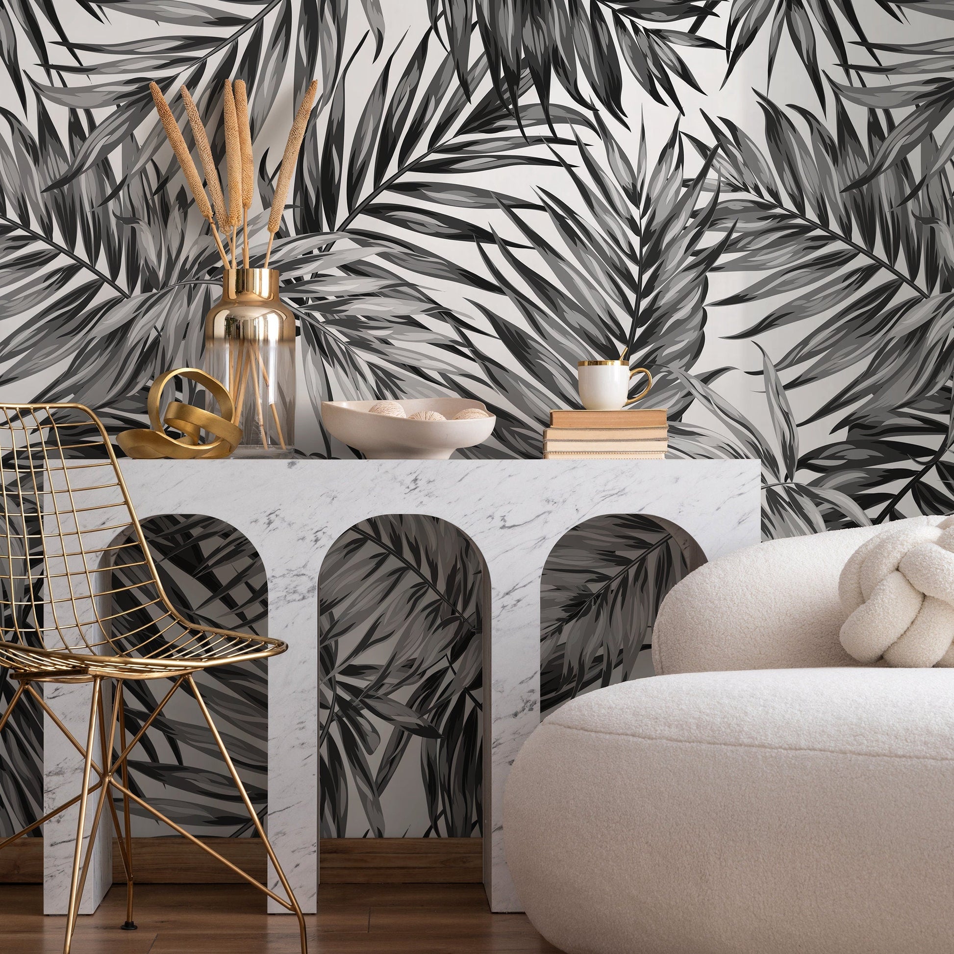 Wallpaper Peel and Stick Wallpaper Removable Wallpaper Home Decor Wall Art Wall Decor Room Decor / Boho Black Leaves Wallpaper - B031