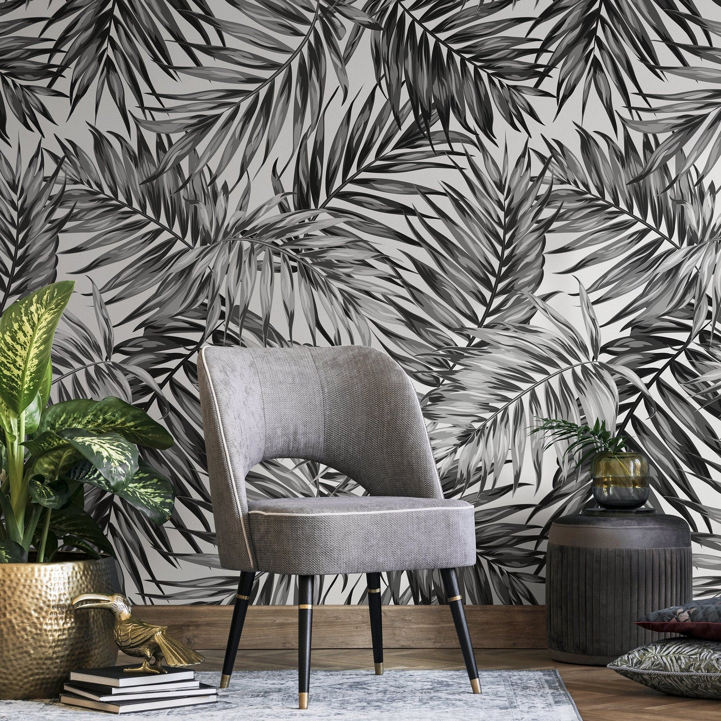 Wallpaper Peel and Stick Wallpaper Removable Wallpaper Home Decor Wall Art Wall Decor Room Decor / Boho Black Leaves Wallpaper - B031