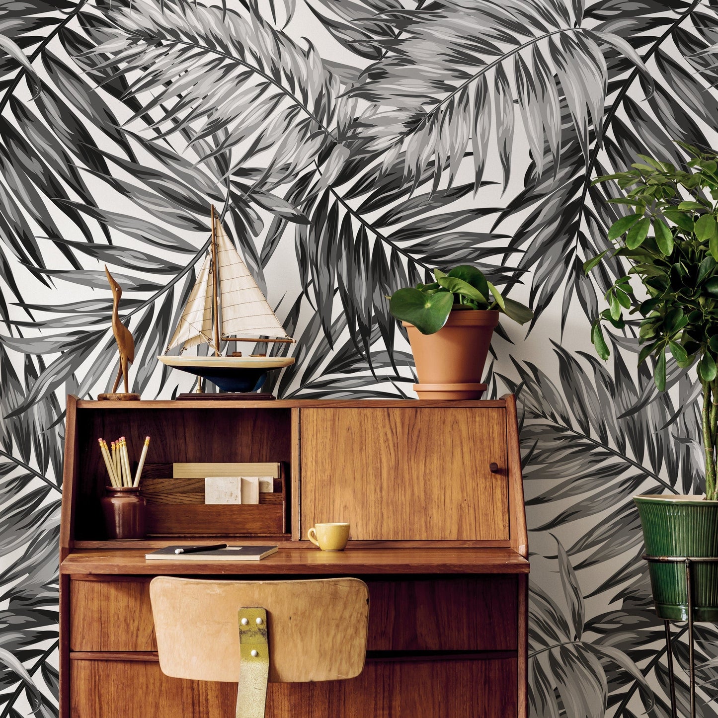 Wallpaper Peel and Stick Wallpaper Removable Wallpaper Home Decor Wall Art Wall Decor Room Decor / Boho Black Leaves Wallpaper - B031