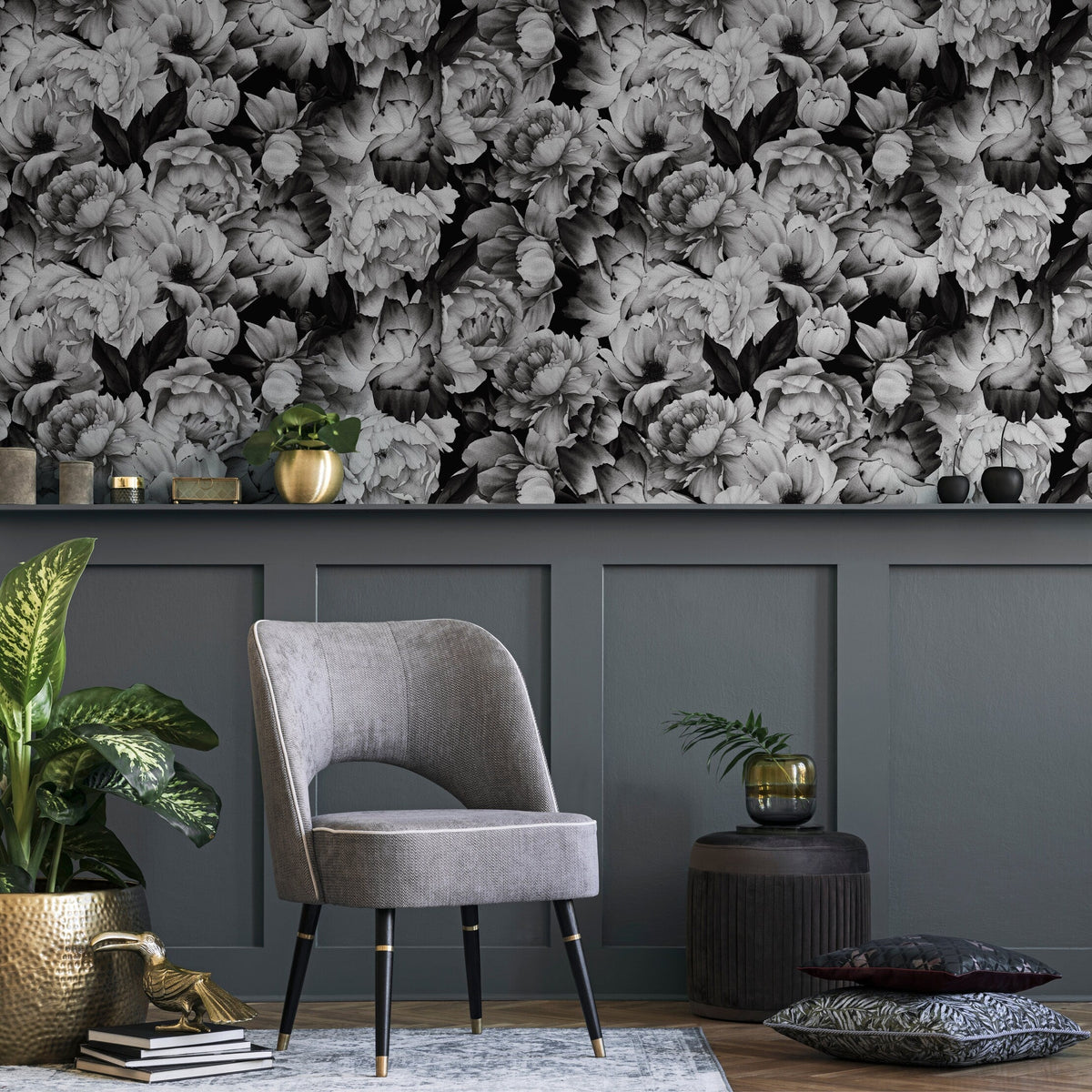 Wallpaper Peel and Stick Wallpaper Removable Wallpaper Home Decor Wall Art Wall Decor Room Decor / Black Vintage Floral Wallpaper - B045