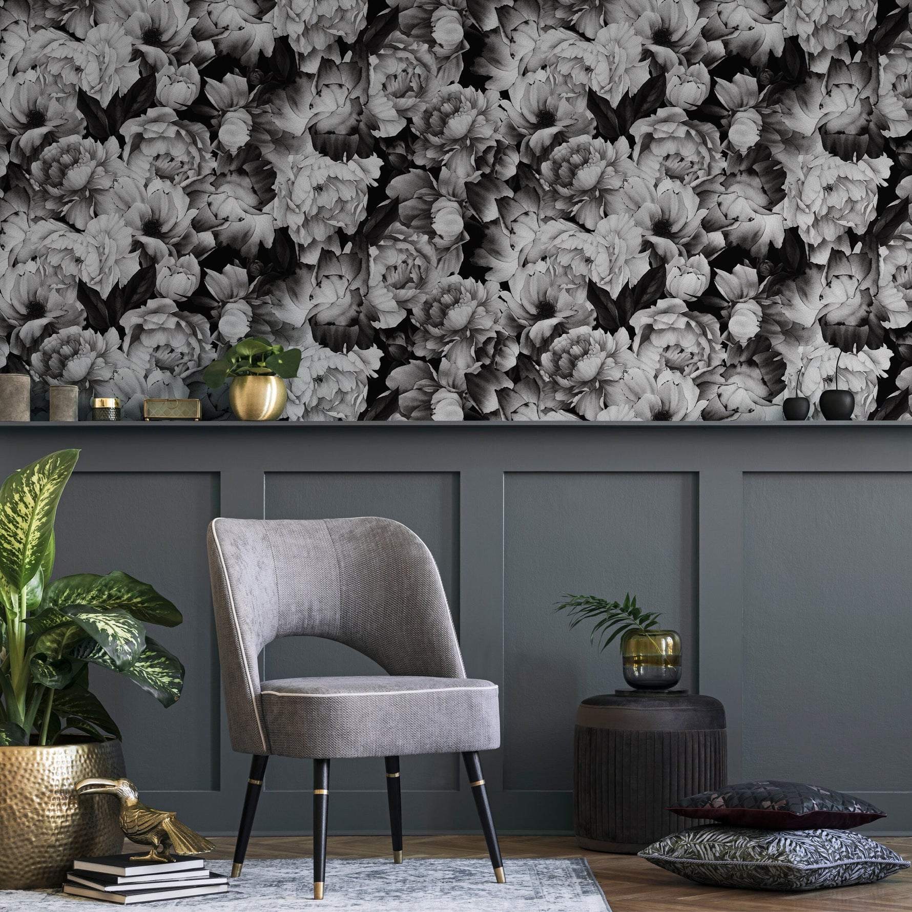 Wallpaper Peel and Stick Wallpaper Removable Wallpaper Home Decor Wall Art Wall Decor Room Decor / Black Vintage Floral Wallpaper - B045