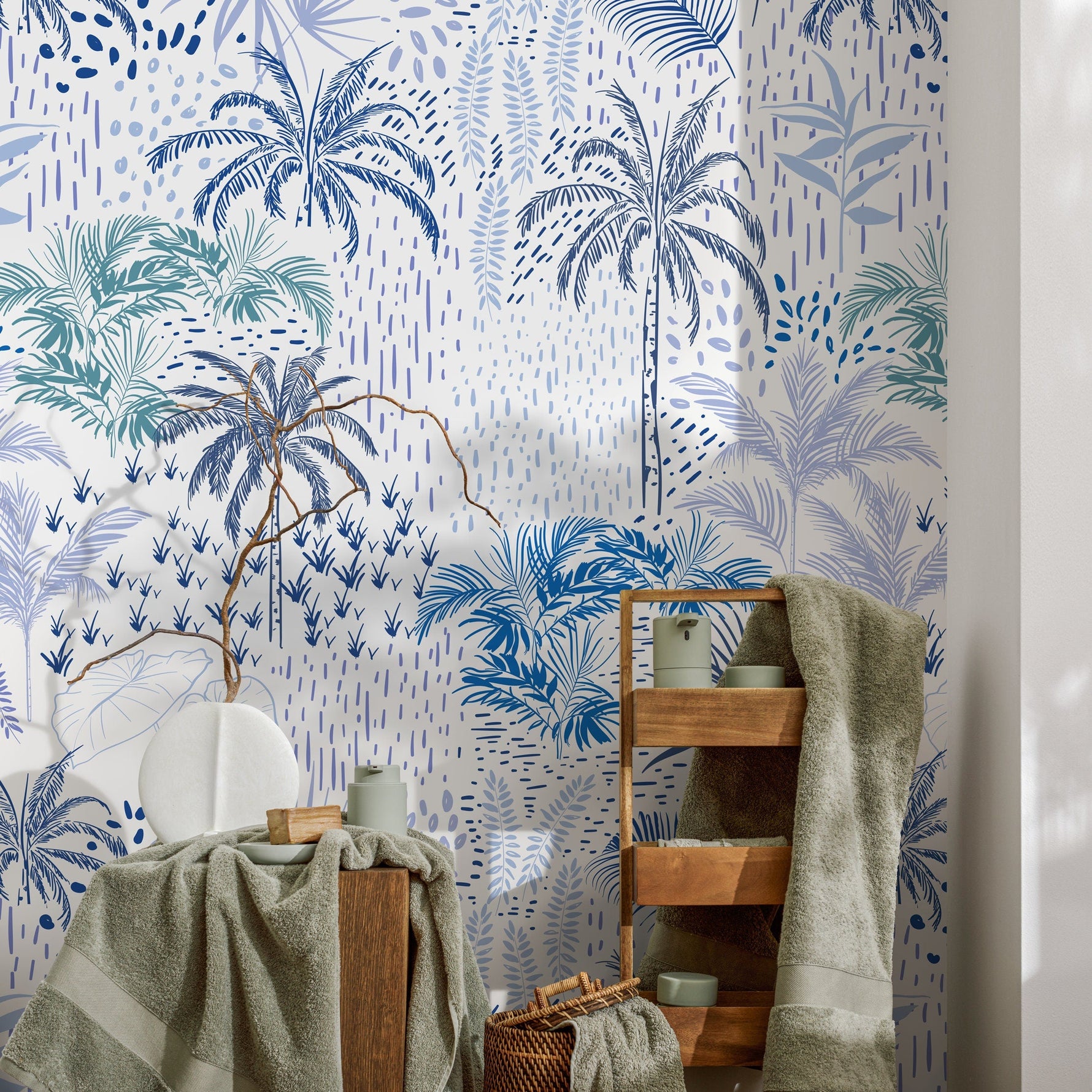 Wallpaper Peel and Stick Wallpaper Removable Wallpaper Home Decor Wall Art Wall Decor Room Decor / Blue Palms Banana Leaf Wallpaper - B089