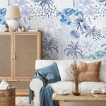 Wallpaper Peel and Stick Wallpaper Removable Wallpaper Home Decor Wall Art Wall Decor Room Decor / Blue Palms Banana Leaf Wallpaper - B089