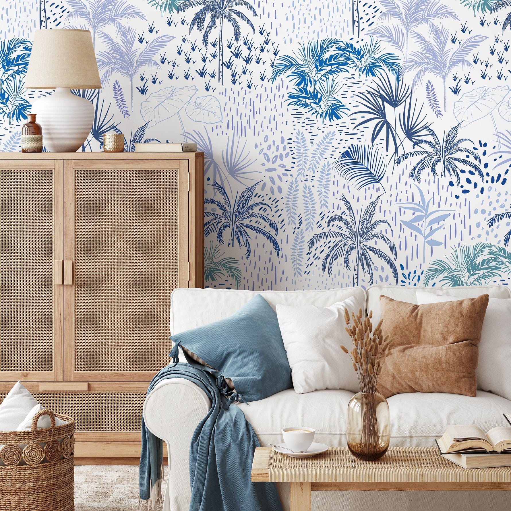 Wallpaper Peel and Stick Wallpaper Removable Wallpaper Home Decor Wall Art Wall Decor Room Decor / Blue Palms Banana Leaf Wallpaper - B089