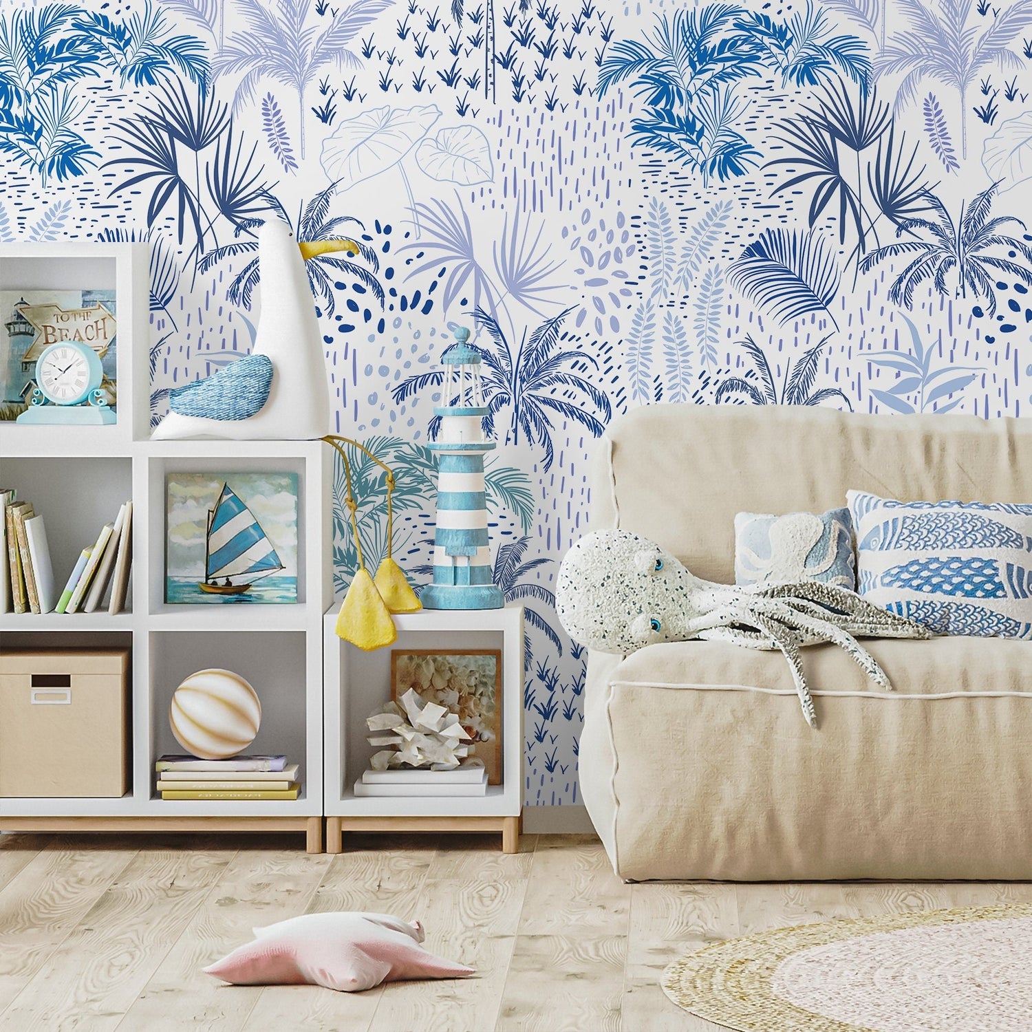 Wallpaper Peel and Stick Wallpaper Removable Wallpaper Home Decor Wall Art Wall Decor Room Decor / Blue Palms Banana Leaf Wallpaper - B089
