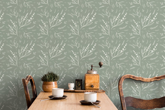Savage Green Wildflower Wallpaper / Peel and Stick Wallpaper Removable Wallpaper Home Decor Wall Art Wall Decor Room Decor - D401