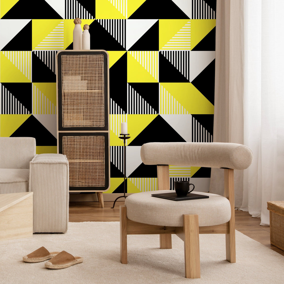 Wallpaper Peel and Stick Wallpaper Removable Wallpaper Home Decor Wall Art Wall Decor Room Decor/ Black and Yellow Geometric Wallpaper -B076