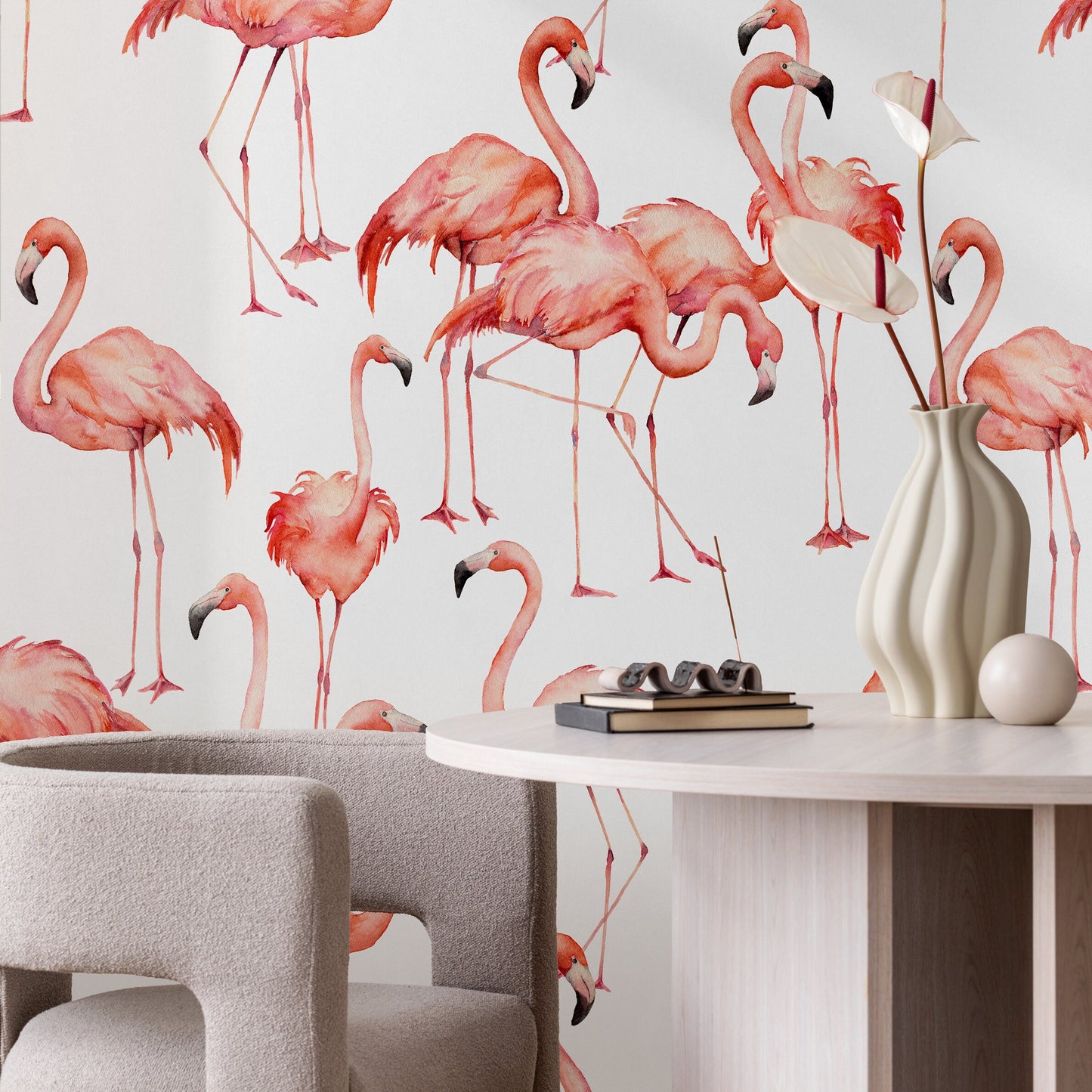Watercolor Flamingos Wallpaper - Removable Wallpaper Peel and Stick Wallpaper Wall Paper Wall Mural - B323