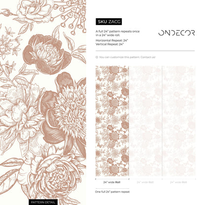 Boho Roses Wallpaper Boho Peony Wallpaper Peel and Stick Removable Repositionable Burnt Orange Minimalistic - ZACG