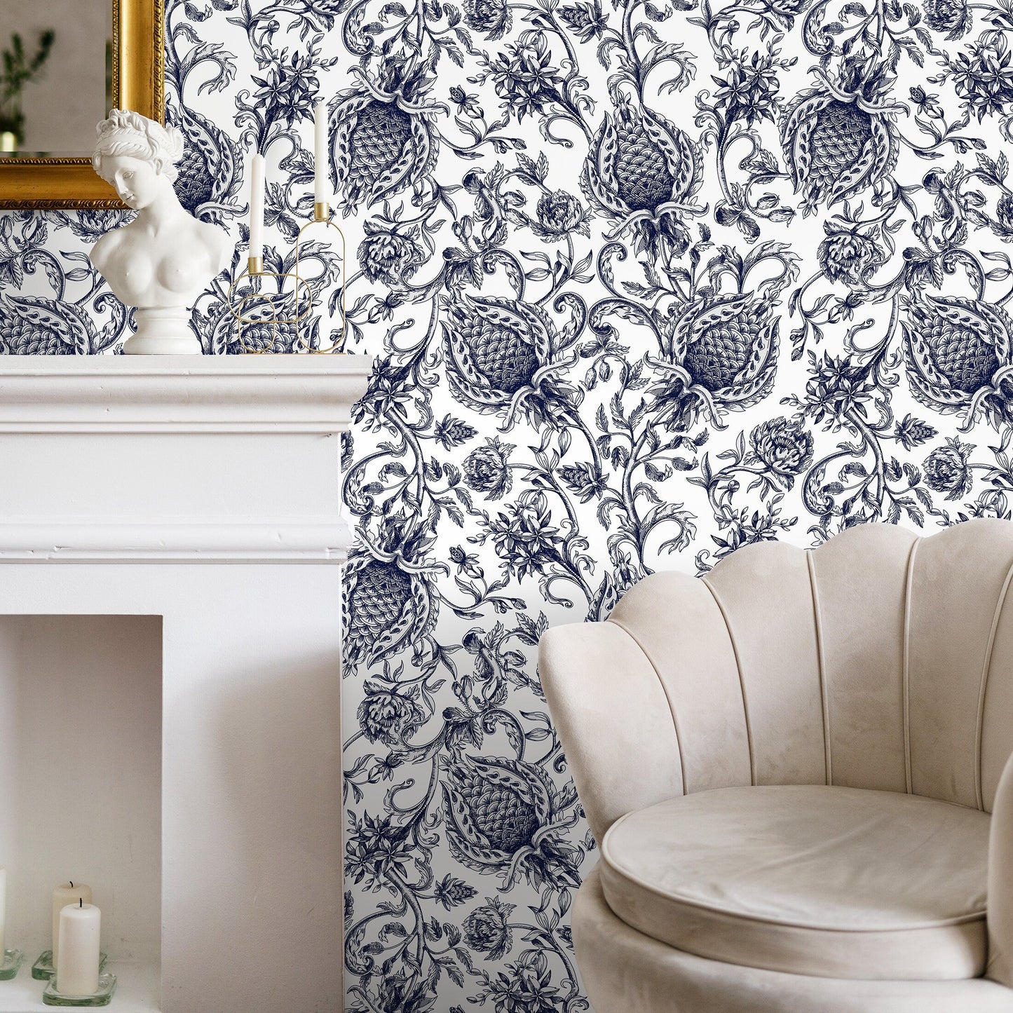 Wallpaper Peel and Stick Wallpaper Removable Wallpaper Home Decor Wall Art Wall Decor Room Decor / Navy Vintage Floral Wallpaper - B310