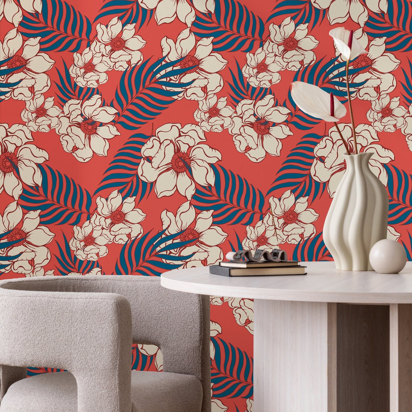 Hawaiian Leaves and Flowers Wallpaper - Removable Wallpaper Peel and Stick Wallpaper Wall Paper - B334