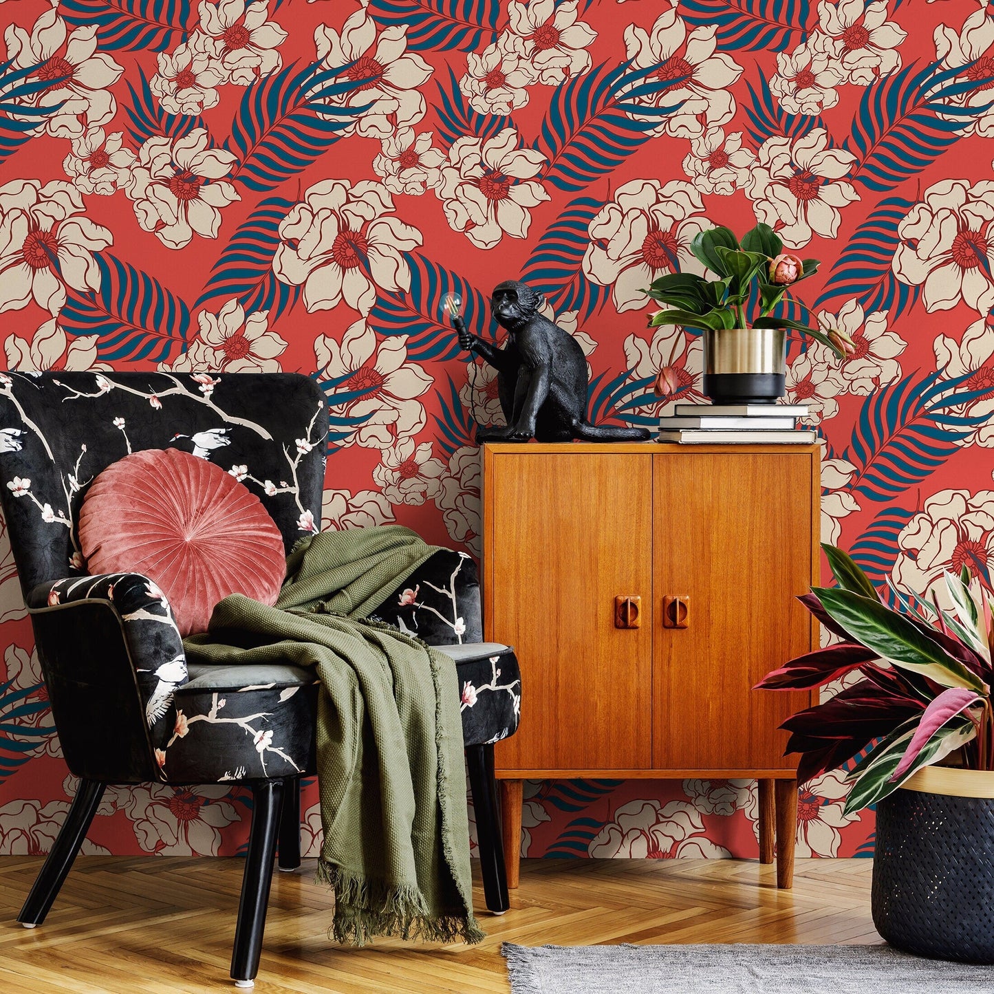 Hawaiian Leaves and Flowers Wallpaper - Removable Wallpaper Peel and Stick Wallpaper Wall Paper - B334