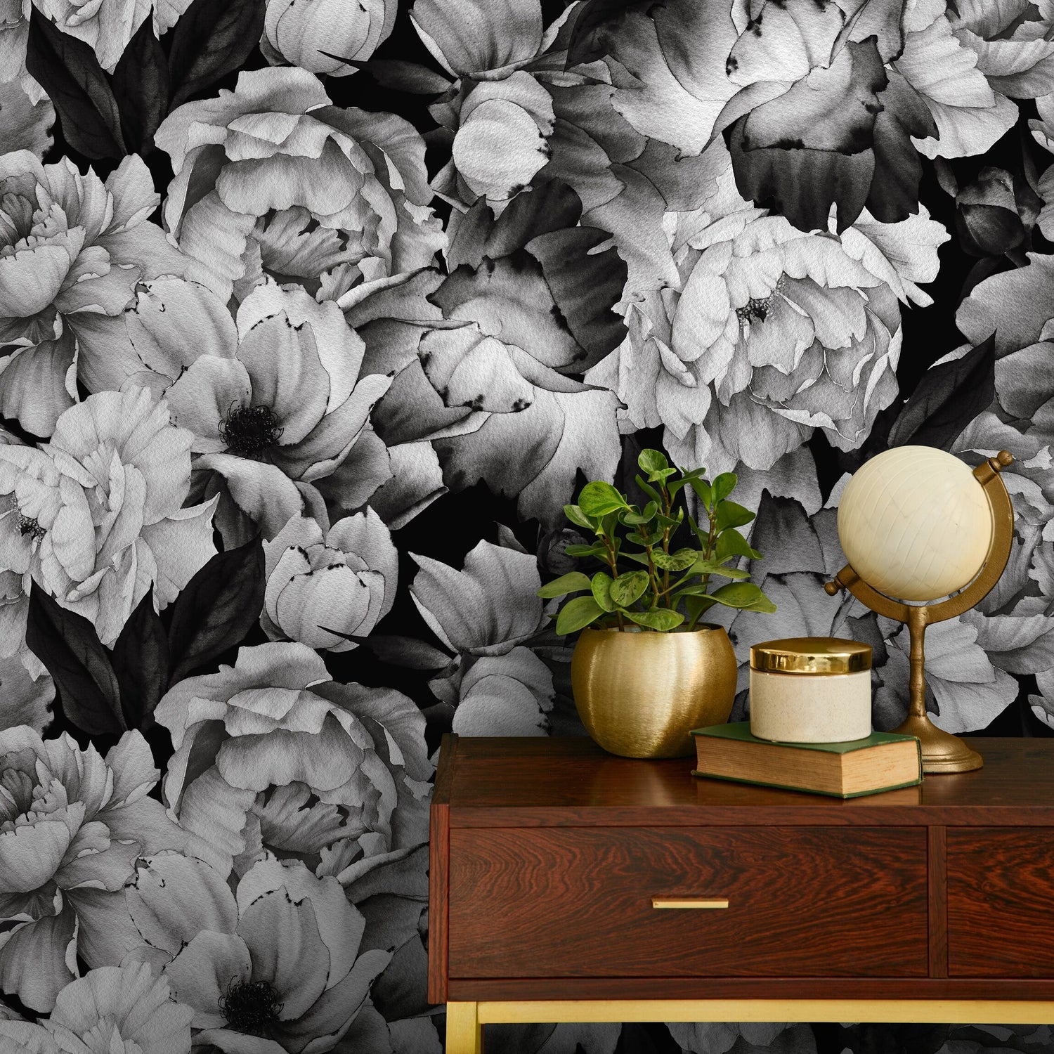 Wallpaper Peel and Stick Wallpaper Removable Wallpaper Home Decor Wall Art Wall Decor Room Decor / Black Vintage Floral Wallpaper - B045