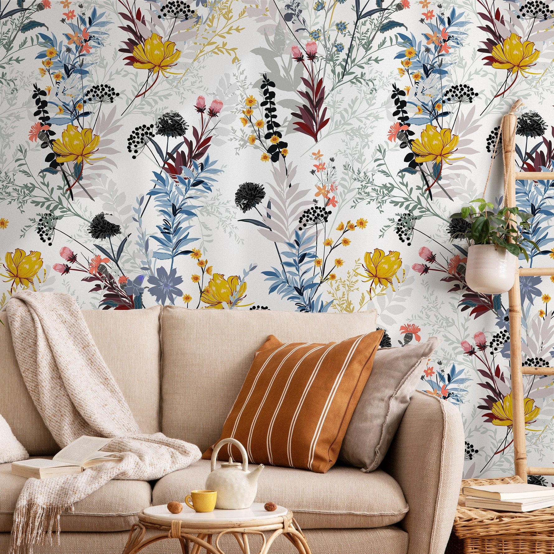 Wallpaper Peel and Stick Wallpaper Removable Wallpaper Home Decor Wall Art Wall Decor Room Decor / Boho Floral Wallpaper - B048