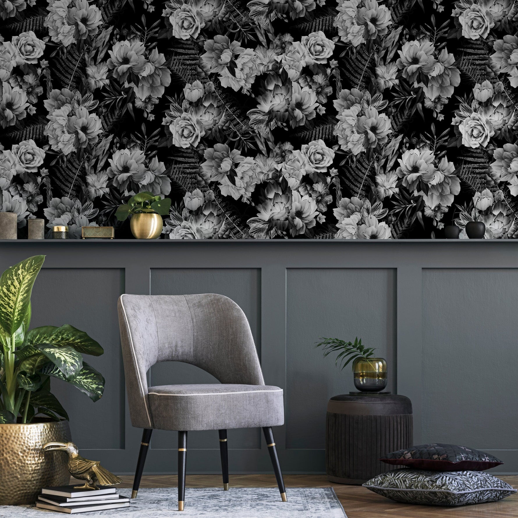 Wallpaper Peel and Stick Wallpaper Removable Wallpaper Home Decor Wall Art Wall Decor Room Decor / Dark Floral Wallpaper - B099