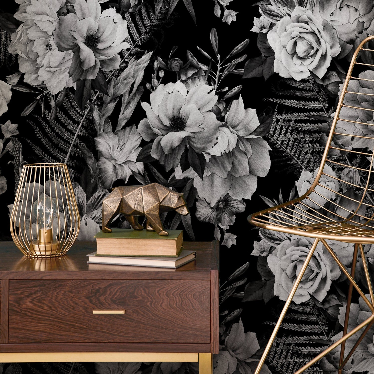 Wallpaper Peel and Stick Wallpaper Removable Wallpaper Home Decor Wall Art Wall Decor Room Decor / Dark Floral Wallpaper - B099