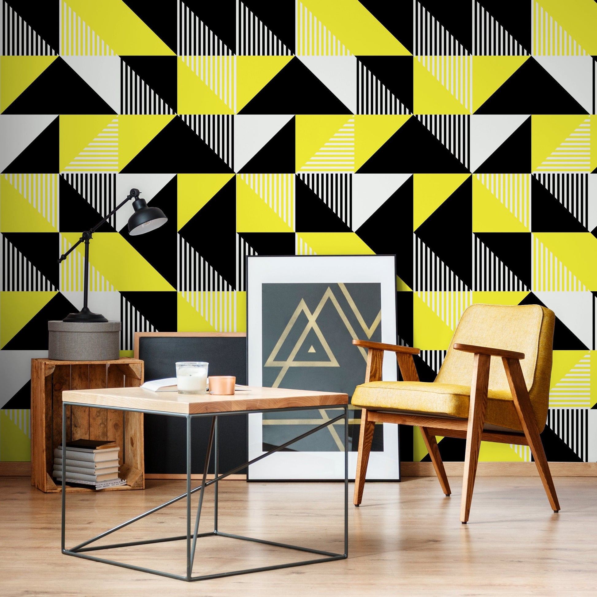 Wallpaper Peel and Stick Wallpaper Removable Wallpaper Home Decor Wall Art Wall Decor Room Decor/ Black and Yellow Geometric Wallpaper -B076