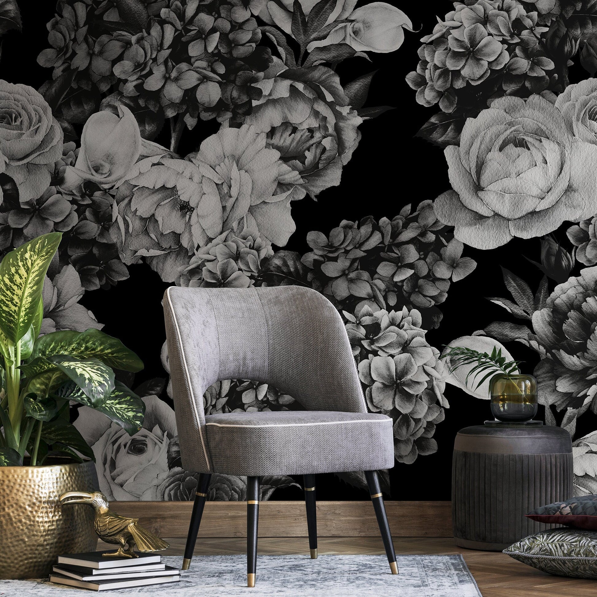 Wallpaper Peel and Stick Wallpaper Removable Wallpaper Home Decor Wall Art Wall Decor Room Decor / Black Vintage Roses Wallpaper - B163