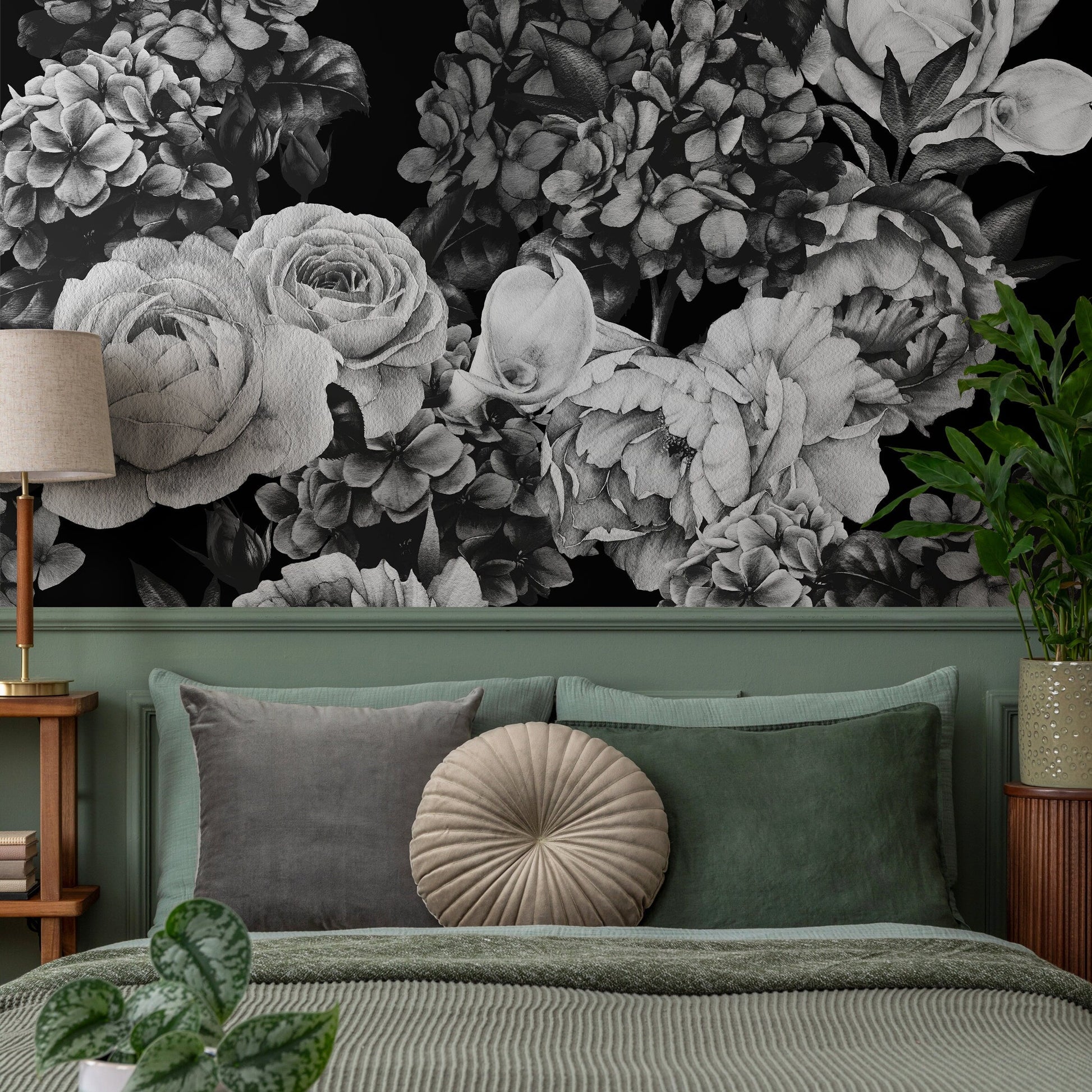 Wallpaper Peel and Stick Wallpaper Removable Wallpaper Home Decor Wall Art Wall Decor Room Decor / Black Vintage Roses Wallpaper - B163