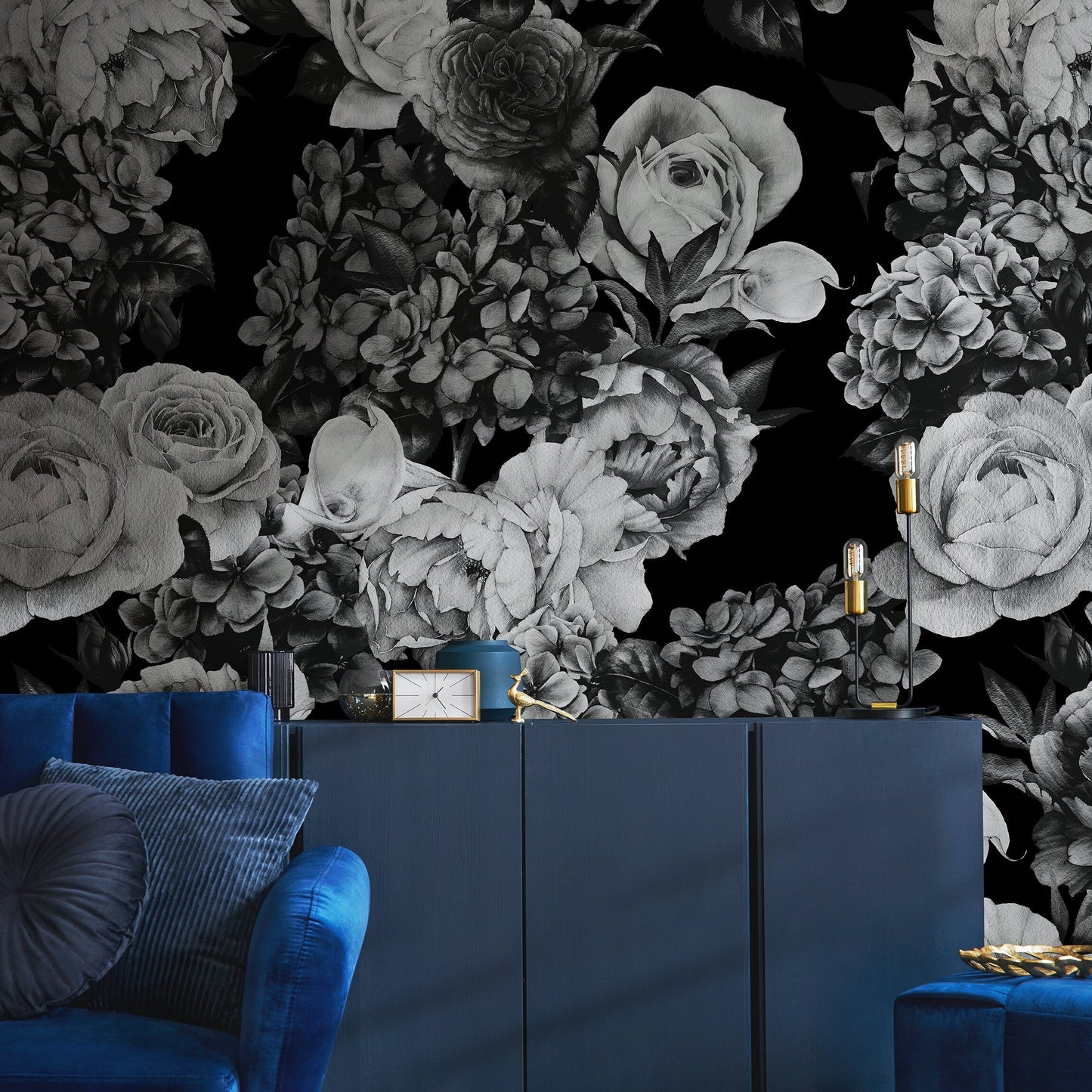 Wallpaper Peel and Stick Wallpaper Removable Wallpaper Home Decor Wall Art Wall Decor Room Decor / Black Vintage Roses Wallpaper - B163