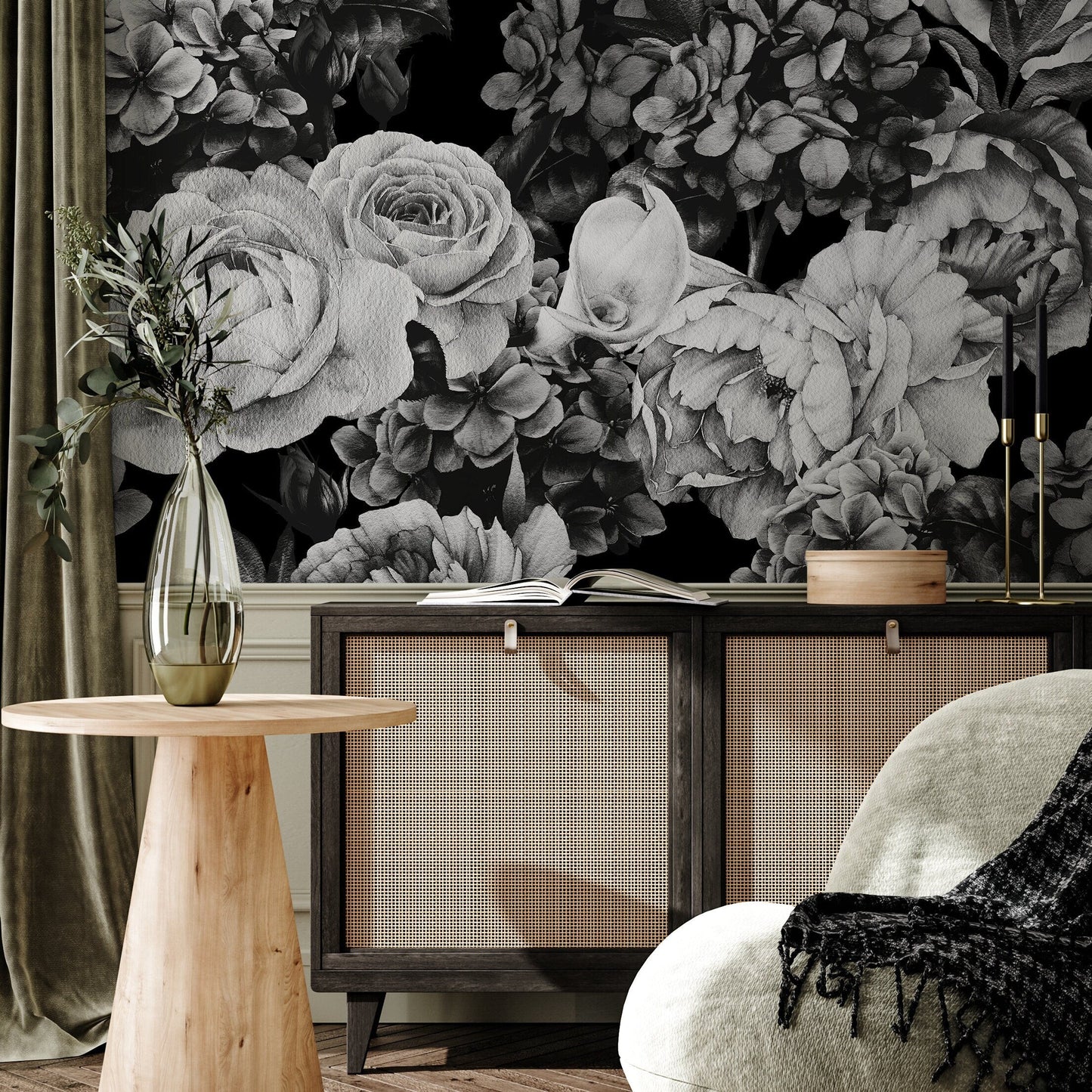 Wallpaper Peel and Stick Wallpaper Removable Wallpaper Home Decor Wall Art Wall Decor Room Decor / Black Vintage Roses Wallpaper - B163