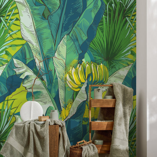 Wallpaper Removable Wallpaper Peel and Stick Wallpaper Wall Decor Home Decor Wall Art Room Decor / Jungle Banana Leaf Wallpaper - B171