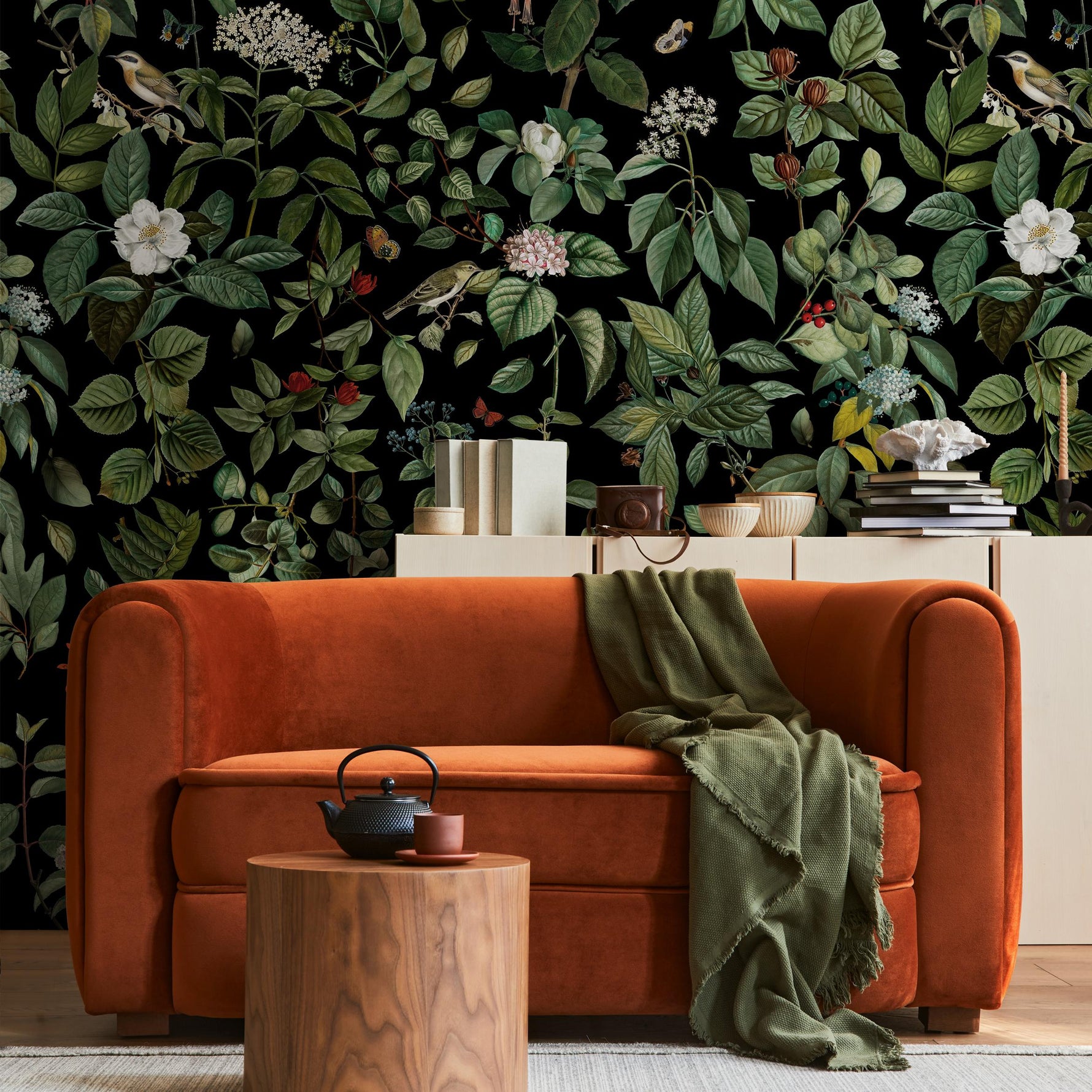 Dark Floral Wallpaper, Vintage, Butterfly and Bird Wall Mural, Dark Wallpapers - E007