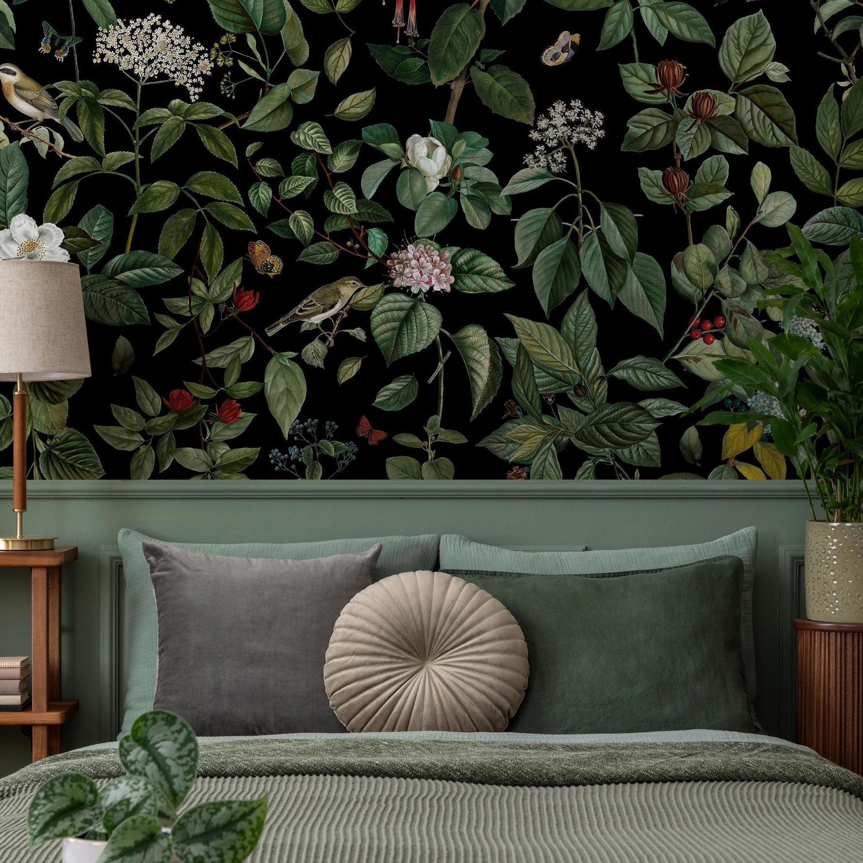 Dark Floral Wallpaper, Vintage, Butterfly and Bird Wall Mural, Dark Wallpapers - E007