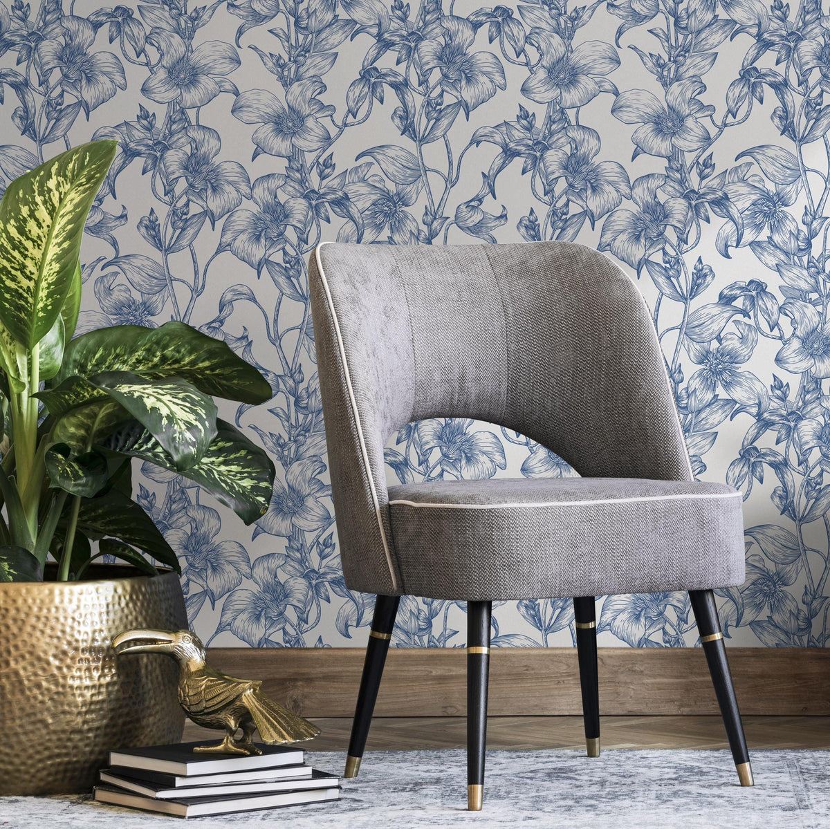 Blue flower self adhesive wallpaper and regular wallpaper - E015