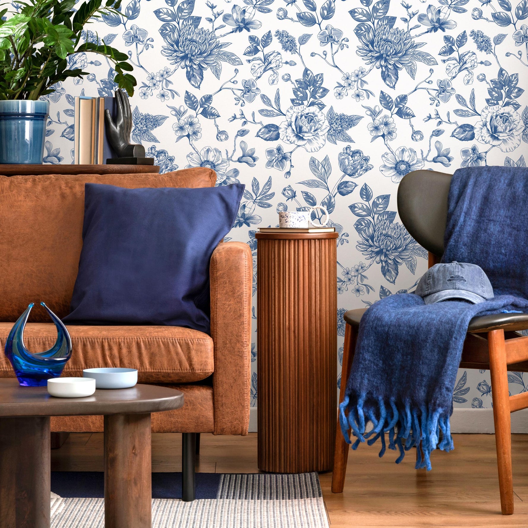 Blue flower self adhesive wallpaper and regular wallpaper - E016