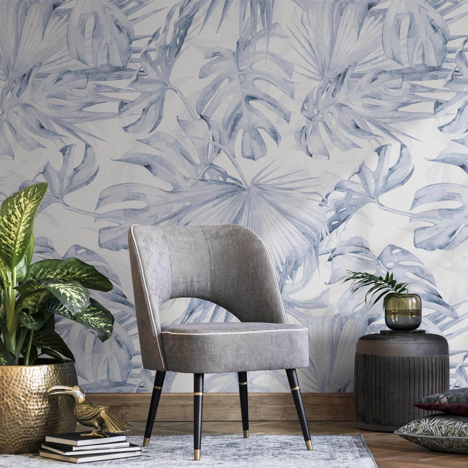 Blue Palm Leaf Removable Wallpaper / Tropical Traditional wallpaper or Self Adhesive Wallpaper - E023