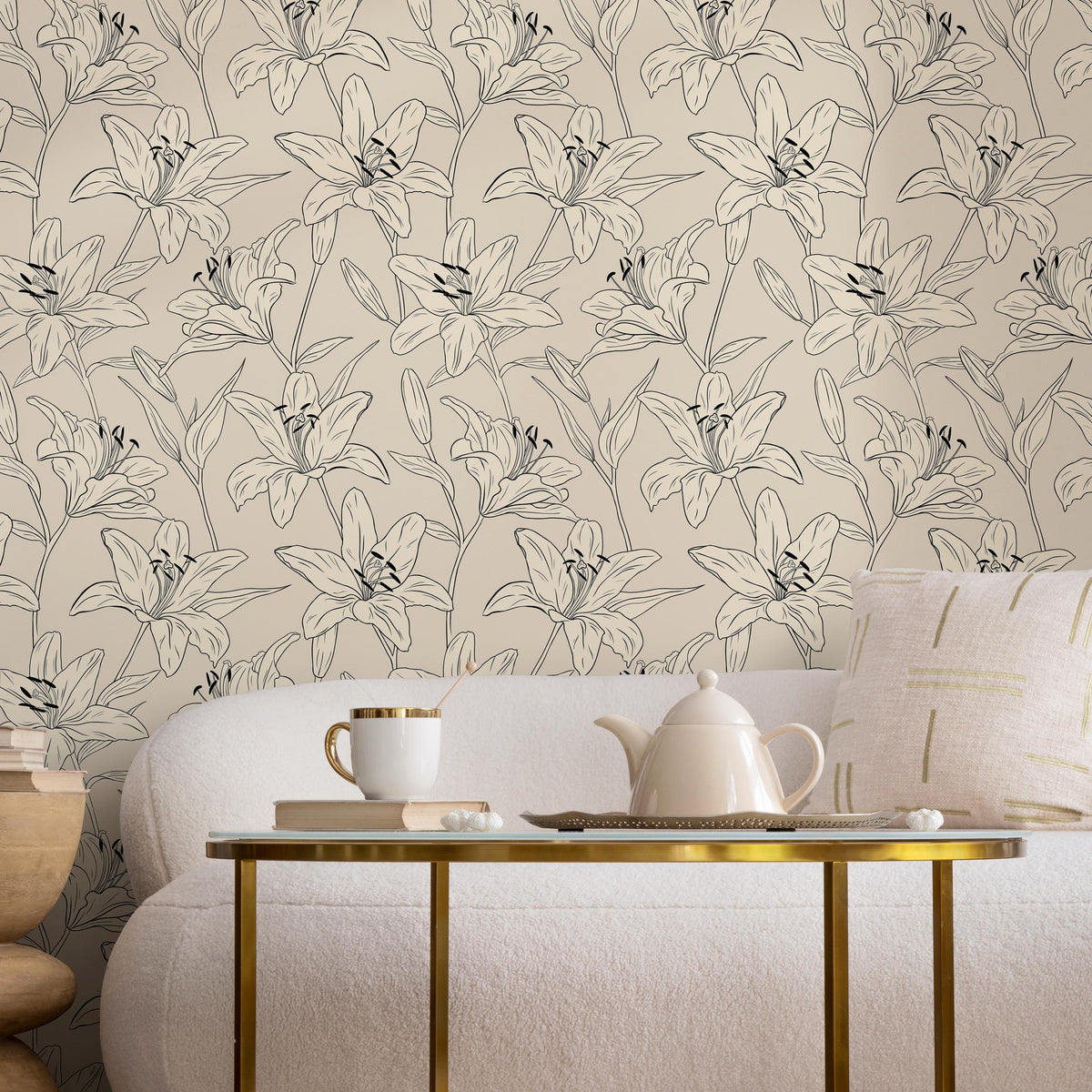 Lily Wallpaper: Vintage Peel and Stick Wallpaper for Home Decor Floral Design Colorful Ivory Blooming Spring Garden - E036