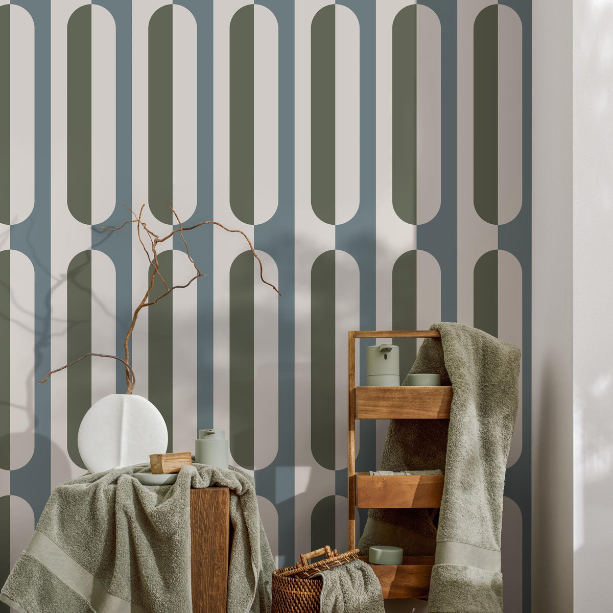 Beige abstract retro wallpaper, removable wall decal with retro round style, colorful background - Peel and stick - E037