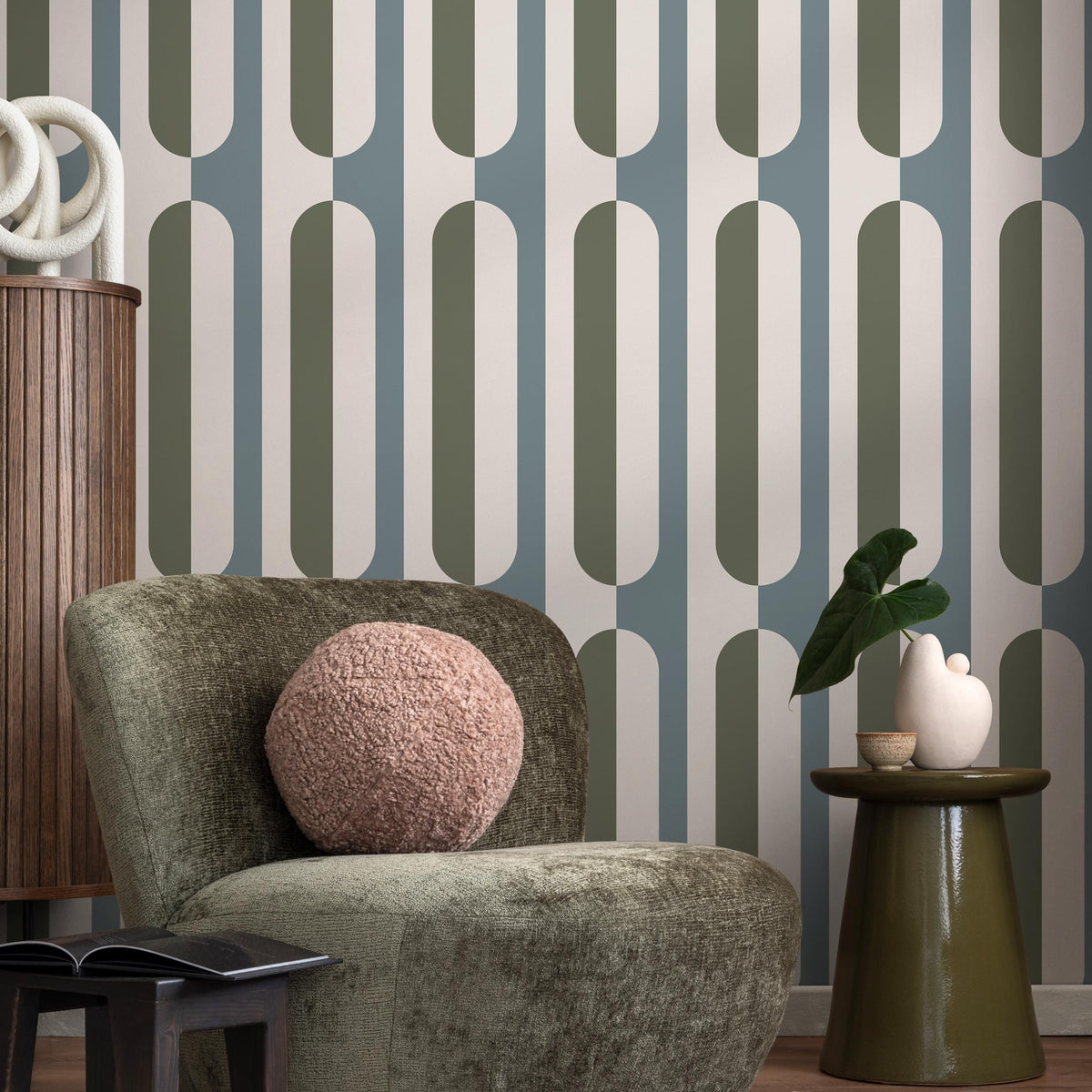 Beige abstract retro wallpaper, removable wall decal with retro round style, colorful background - Peel and stick - E037