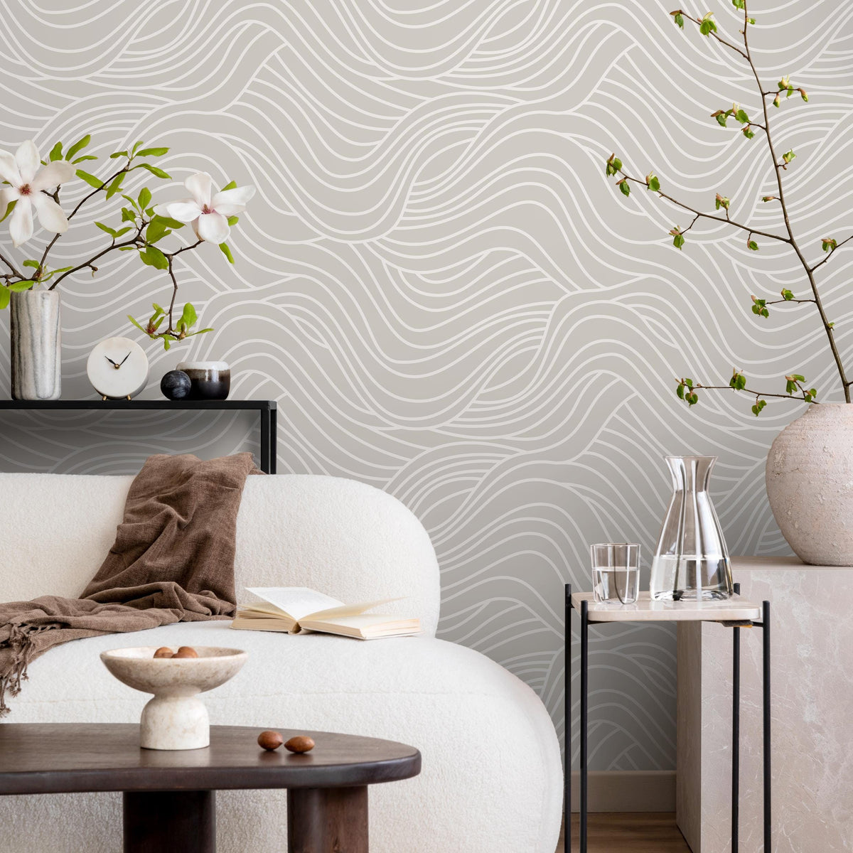 Gray and Beige Coastal Sea Waves Design Temporary Peel and Stick Self-Adhesive Wallpaper - E039