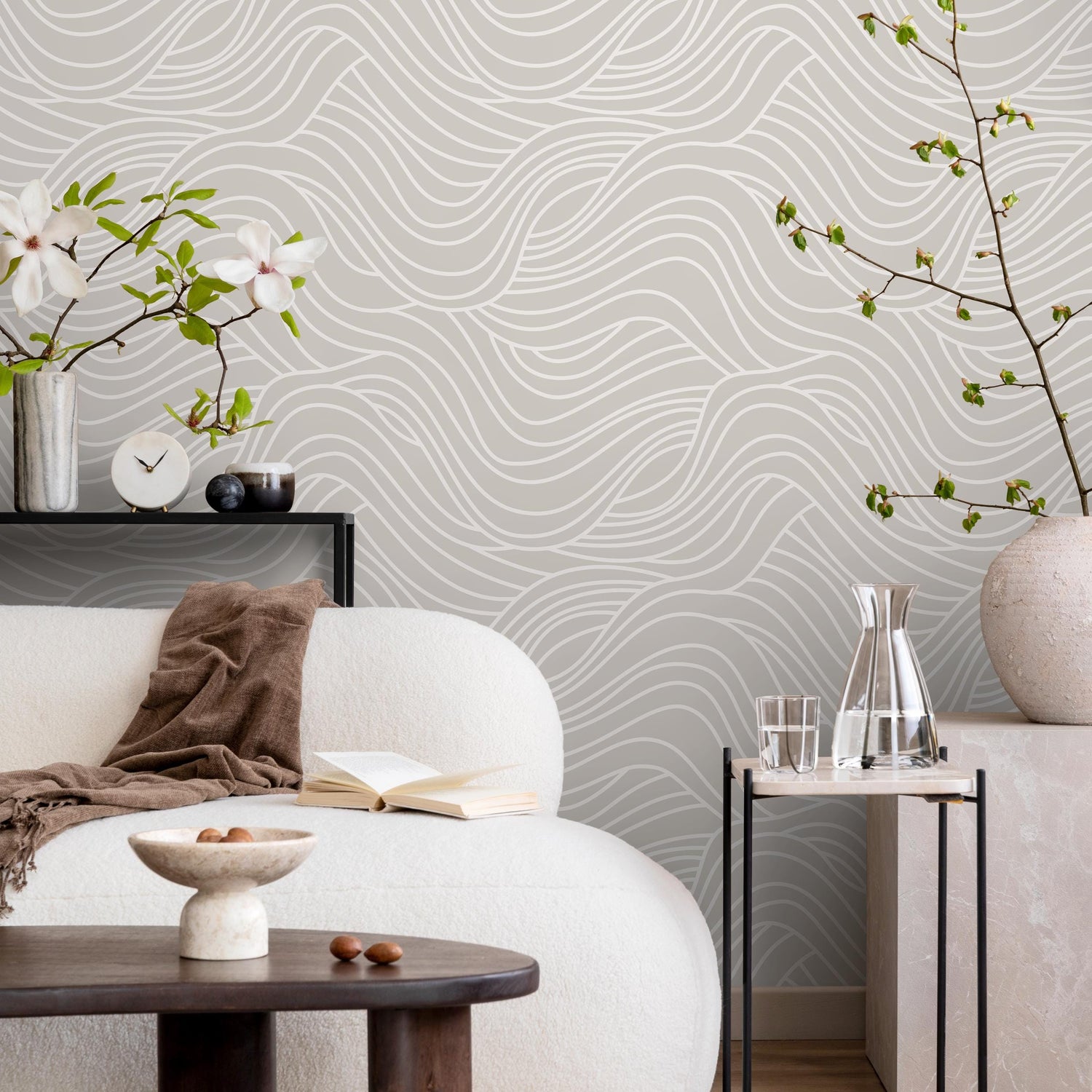 Gray and Beige Coastal Sea Waves Design Temporary Peel and Stick Self-Adhesive Wallpaper - E039